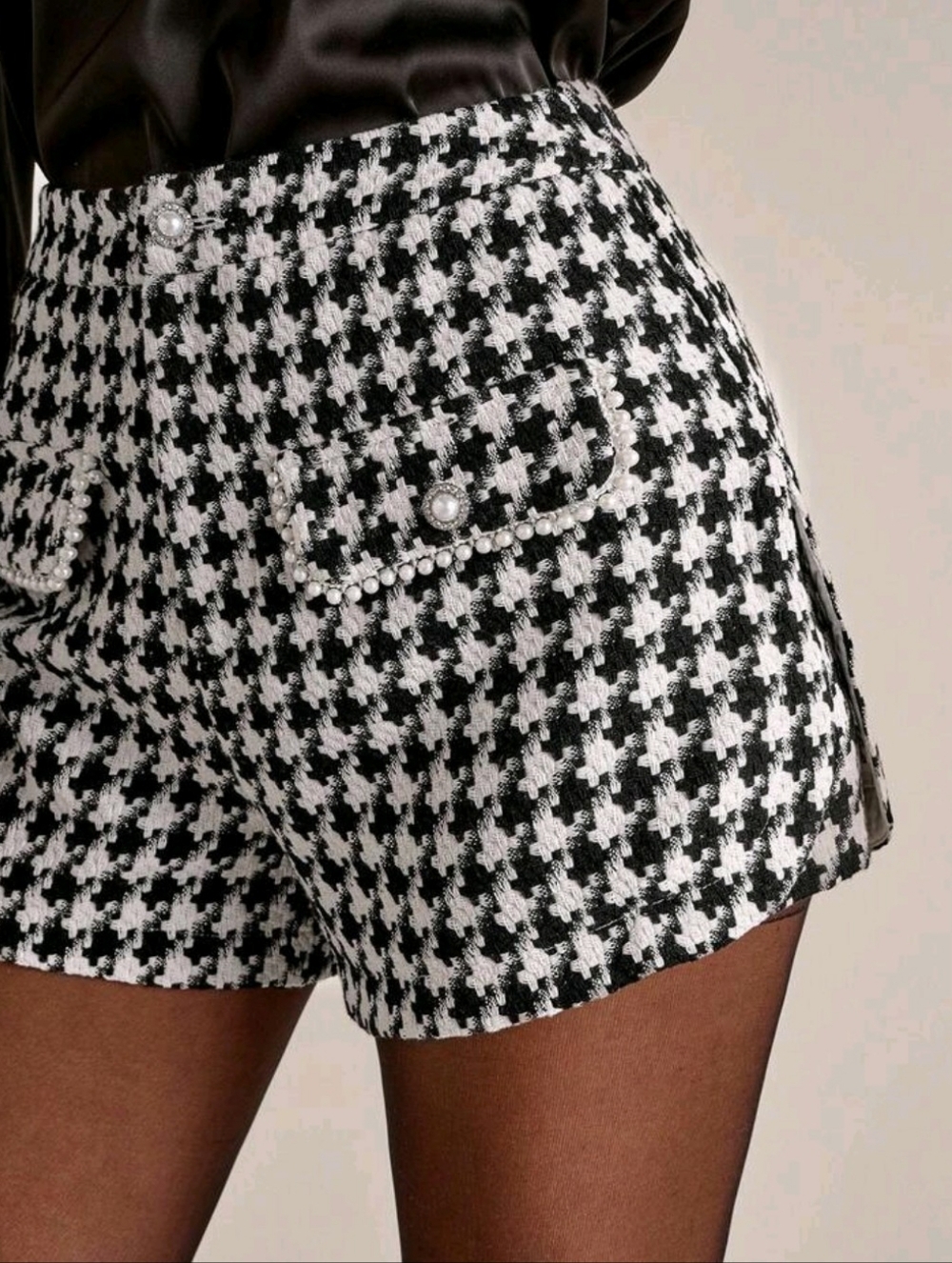 High-Waist Houndstooth Luxury Woven Women’s Shorts in Black And White.